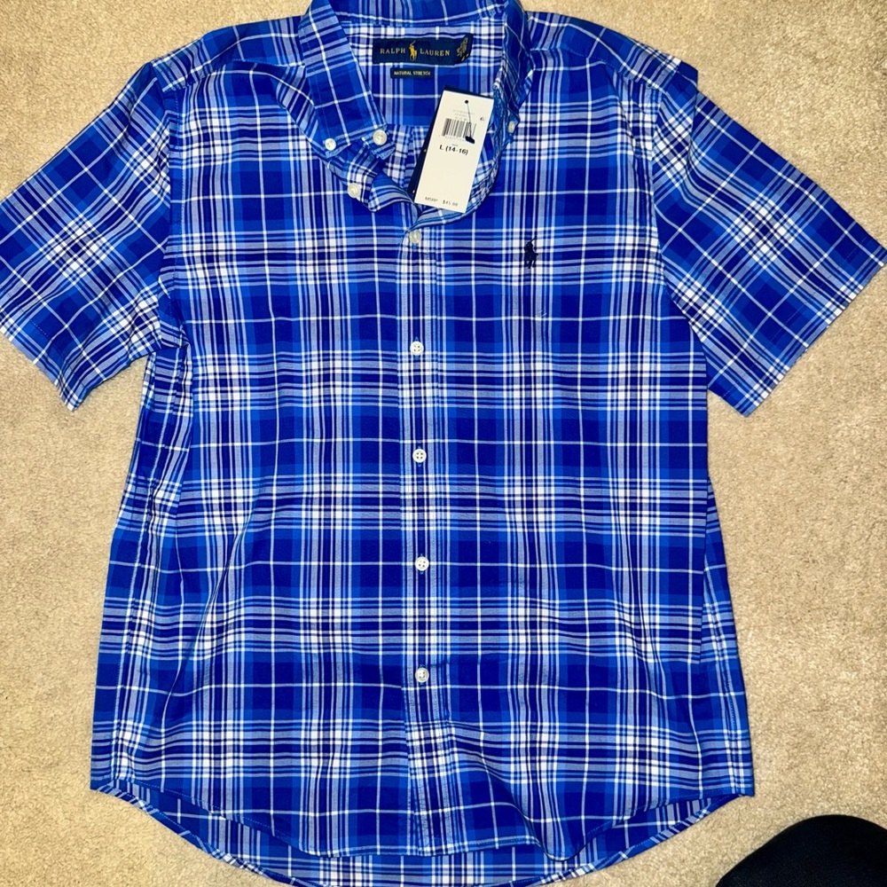 Boys Ralph Lauren Blue and White Plaid Button Up Shirt Size L (14-16)